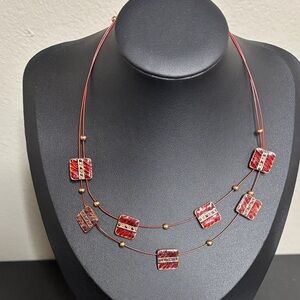 Ikita Red Wire Floating Enamel Squares Layered Rose Gold Tone Necklace